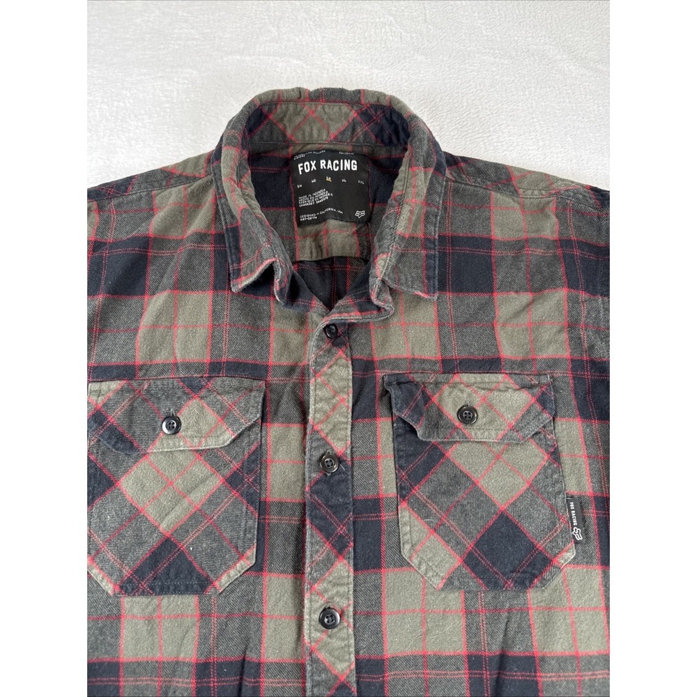 Fox Racing Flannel Shirt Mens Large Grey Black Red Plaid Button Up‎ MX Moto